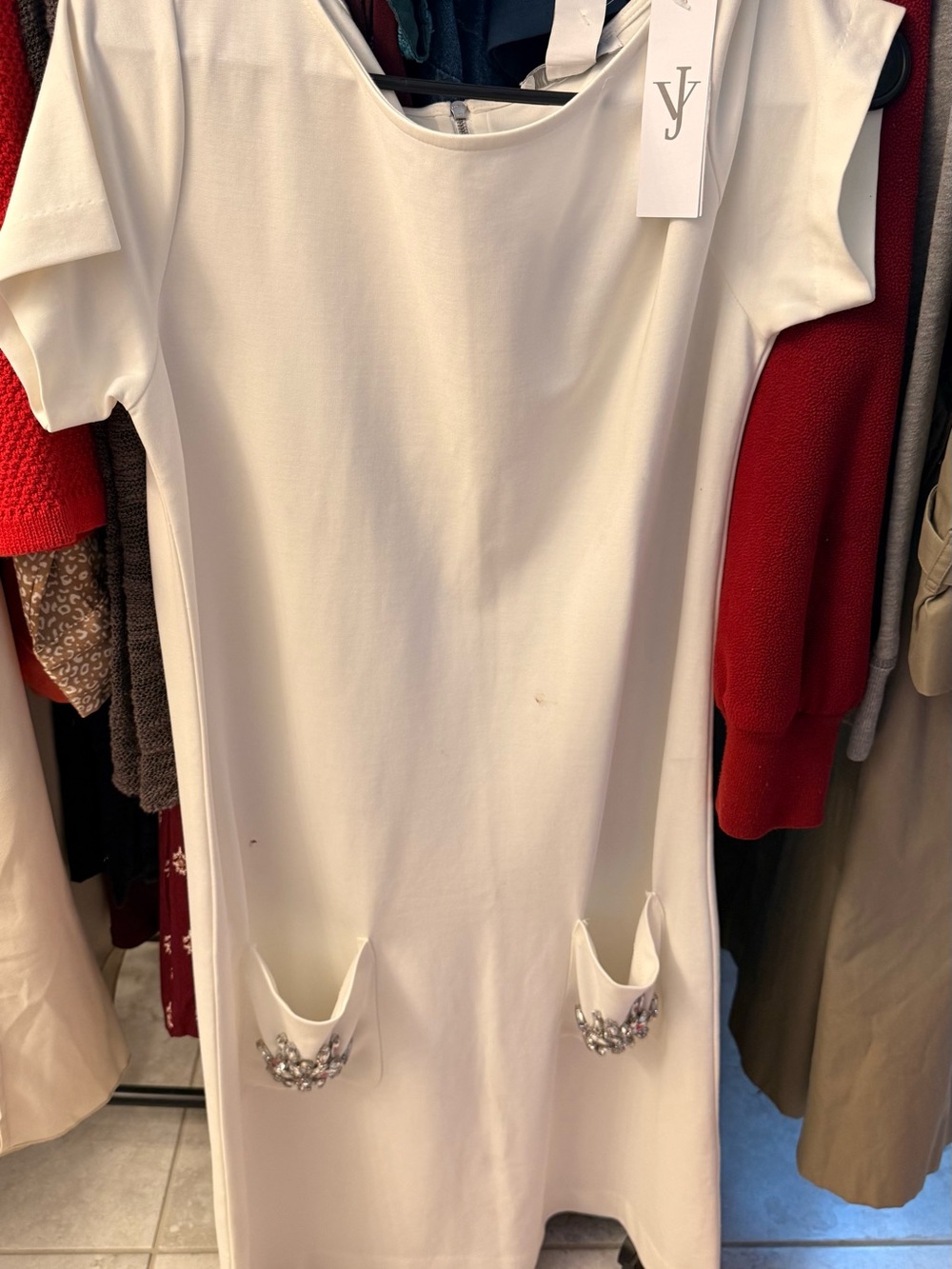 Joan Vass White Shift Dress with Subtle Embellishment